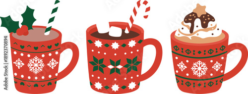 Three festive mugs with hot drinks and winter holiday patterns.