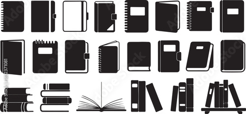 Collection of various notebooks journals and books in silhouette for studying writing and organization purposes