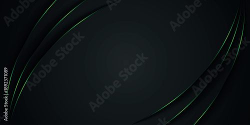 Dark gray abstract background with modern and futuristic glowing neon green stripes decoration. Overlapping shadow stroke design with empty space for text. VOL. 5
