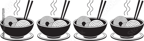 Four bowls of steaming noodles with chopsticks in cartoon style