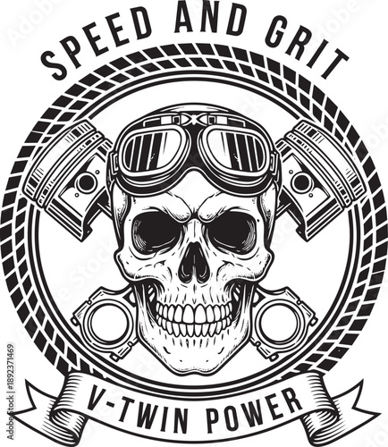 Vector illustration of a skull with goggles and pistons embodying speed and grit in a circular emblem design