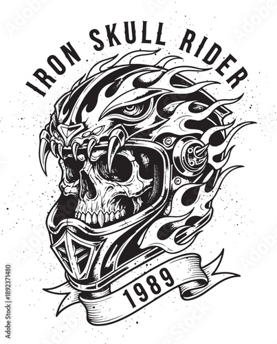 A detailed illustration of an Iron Skull Rider with flames and a banner dated 1989, showcasing a bold graphic design