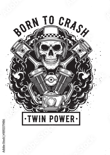 Vintage motorcycle engine with skull and pistons illustration, symbolizing power and speed, in a detailed vector graphic design