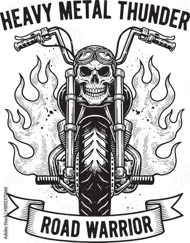 Front view of a skull riding a motorcycle with flames in the background, vector illustration