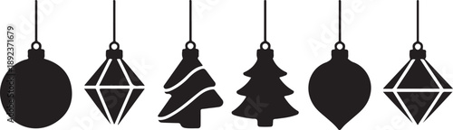 Set of hanging Christmas ornament silhouettes including baubles and trees on transparent background