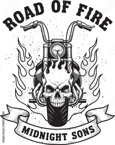 A motorcycle with a skull on the front surrounded by flames, symbolizing freedom and rebellion, vector illustration on a graphic banner