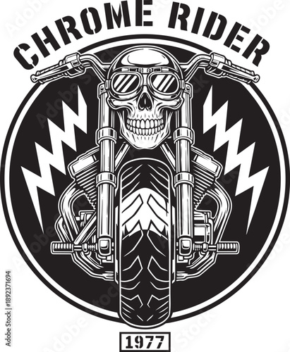 Vintage motorcycle rider with skull design illustration on black background, showcasing chrome details and bold graphics.