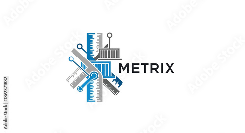 Blue and gray abstract circuit board data metric symbol logo on isolated white background.