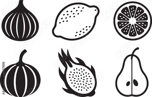 Collection of stylized fruit silhouettes including fig, lemon, dragon fruit and pear on transparent background