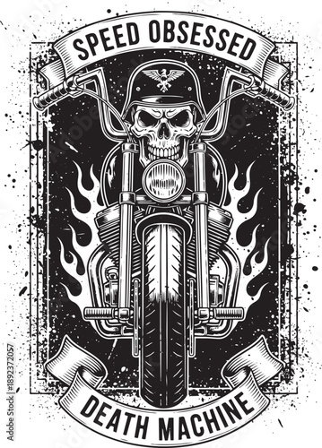 A detailed illustration of a motorcycle with a skull, surrounded by flames, symbolizing speed and rebellion from a frontal viewpoint.