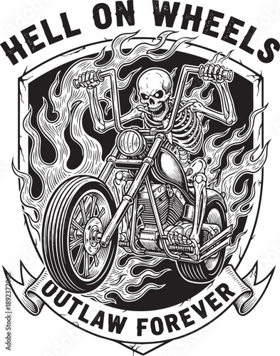 Skeleton riding a motorcycle with flames in a badge, Outlaw Forever illustration, vector graphic design