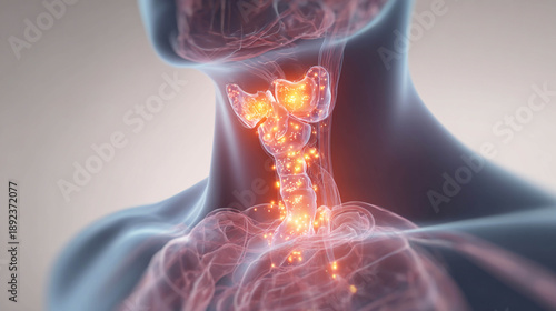 A human neck with the thyroid and parathyroid glands, as well as the lymph nodes, highlighted in orange. The concept of the endocrine system, hormonal disorders, and inflammation.