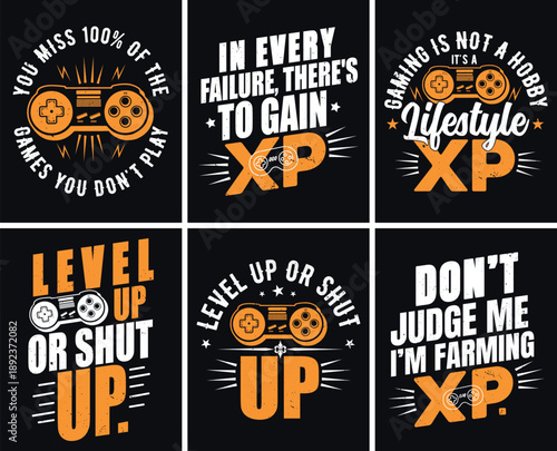 A collection of six vector gaming t-shirt designs featuring motivational and funny gamer quotes and controller graphics. Gaming t shirt design set.