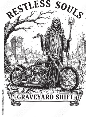 Grim Reaper Standing with Motorcycle in Graveyard Scene Illustration from Elevated Viewpoint