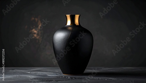 An elegantly crafted matte black ceramic vase featuring a subtle gold rim, meticulously set against a dramatic dark background, evoking a sophisticated and minimalist aesthetic for upscale interiors
