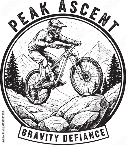 Mountain biker performing a daring jump on rugged terrain surrounded by trees and mountains in a circular illustration