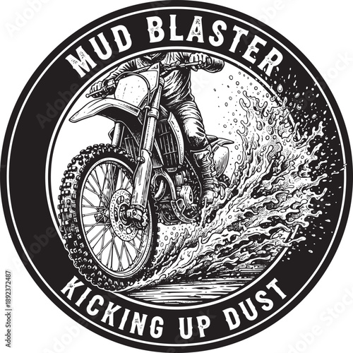 A dirt bike rider splashing through mud in a circular graphic illustration