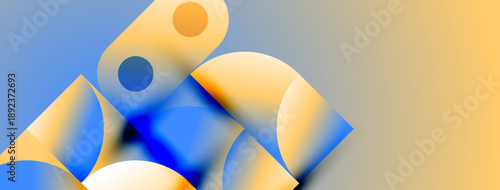 Abstract shapes overlap, creating vibrant blue, orange gradients. Soft lighting suggests depth, modern design aesthetic.