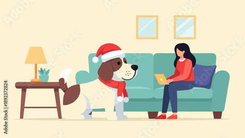 Festive dog wearing Santa hat & scarf watches woman use laptop on sofa