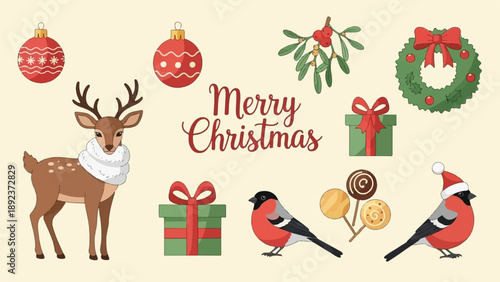 Festive deer, birds, gifts, and ornaments celebrate Christmas with holiday cheer