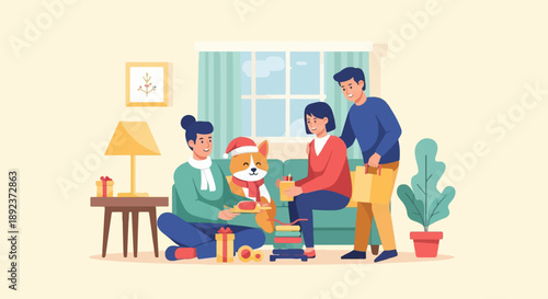 Festive family exchanges gifts with their corgi by the window