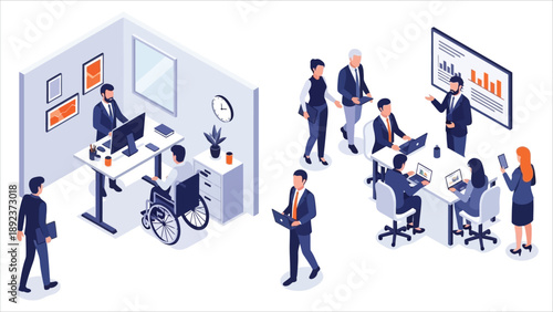 Isometric Modern Office Illustration with Diverse Employees, Technology and Teamwork..eps