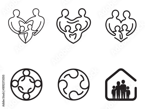 Diverse family and community icons symbolizing unity, care, and belonging in various forms