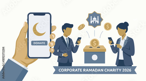 Illustration of corporate Ramadan charity in 2026 with people donating online via mobile phones to a donation box.