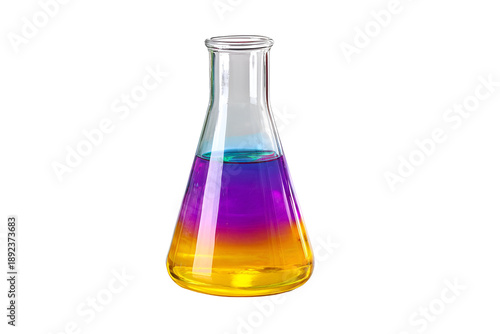Glass erlenmeyer flask with colorful liquid layers isolated on transparent background