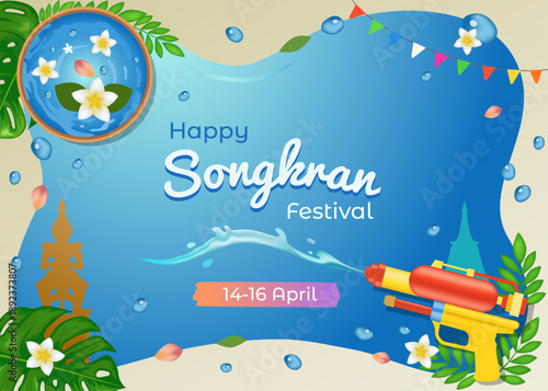 Songkran Water Festival Thailand Top View Background with Water Splash Bowl and Tropical Floral Decoration Copy Space