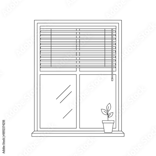 Line drawing of window with blinds and potted plant on windowsill