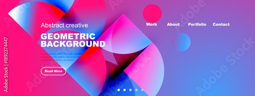 Modern website header design. Vibrant pink, blue hues create dynamic geometric background. Text elements present work, portfolio details.