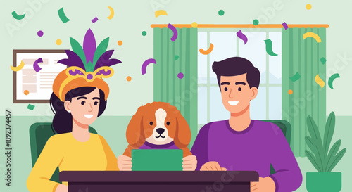 Festive gathering with a woman, man, and dog enjoying confetti