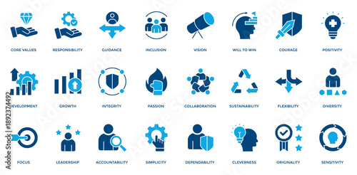 Core Value icon set. Containing leadership, responsibility, guidance, integrity, passion, collaboration icon. Dual Tone style