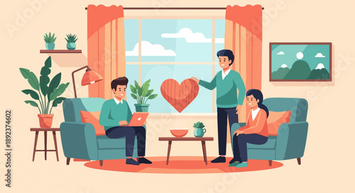 Family indoors with large wooden heart, plants, and artwork
