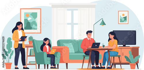 Family members gather in a bright living room, some working on laptops and others relaxing on furniture