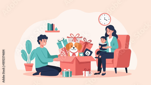 Family opening gifts, a dog pops out from a box