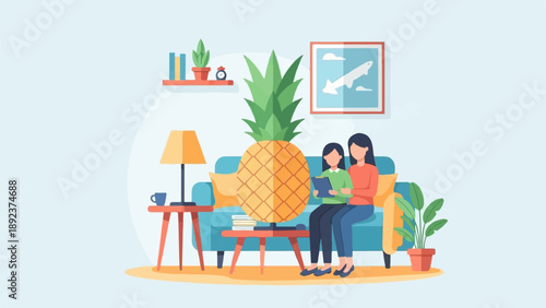 Family on sofa with giant pineapple, bookshelf and plant