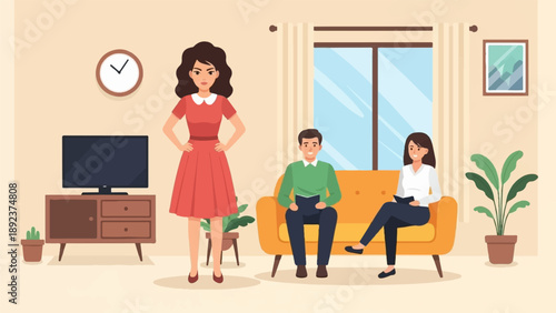Family in living room, one person stands, others sit on couch