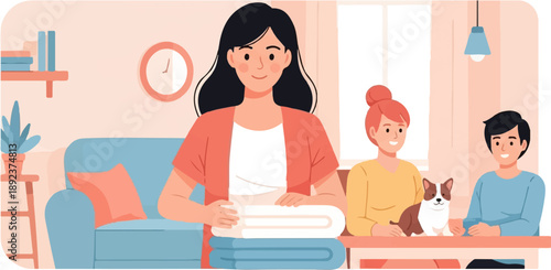 Family in cozy living room with dog, folding laundry