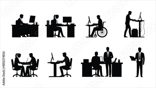 Office Work Silhouette Collection of Employees Using Computers, Collaborating and Presenting.eps