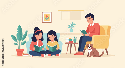 Family reading together indoors with a dog nearby