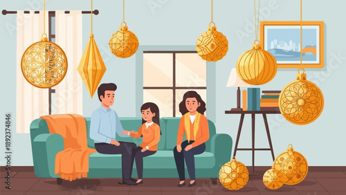 Family in a living room with festive gold ornaments and a view