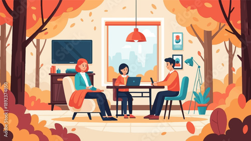 Family gathering indoors with autumnal nature outside