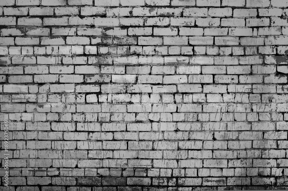 Fototapeta premium Gray background, texture of old white brick wall with various paint stains