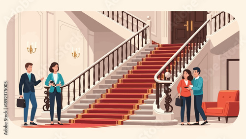 Elegant interior with people by a grand staircase and red carpet