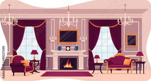 Elegant living room with fireplace, two sofas, armchair, and chandelier