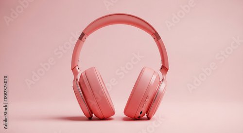 Close up shot of a pair of pink over ear headphones with silver accents on a soft pink background with subtle lighting creating a clean aesthetic for audio equipment advertising
