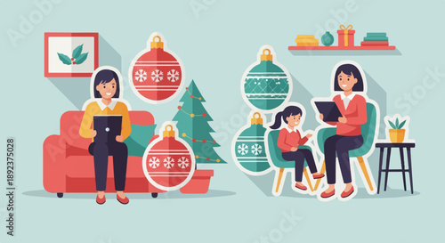 Festive home scene with two women and a girl, decorated for holidays