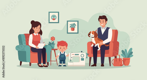 Family gathered indoors, enjoying hobbies with a pet dog present